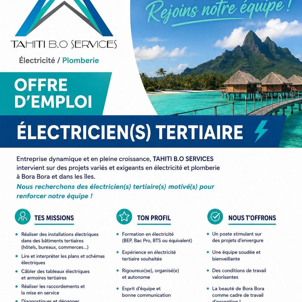 Offre d'emploi Tahiti B.O Services : électricien tertiaire à Bora Bora